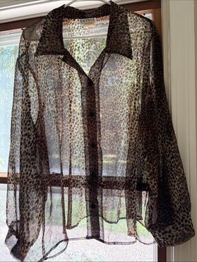 VTG Sheer Chiffon Leopard Animal Print Blouse Shirt made in USA